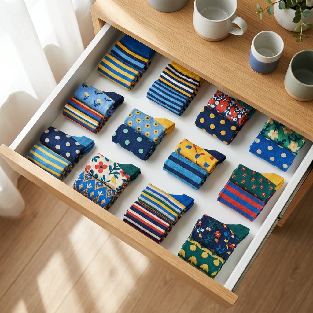 A neatly organized drawer filled with colorful folded socks.