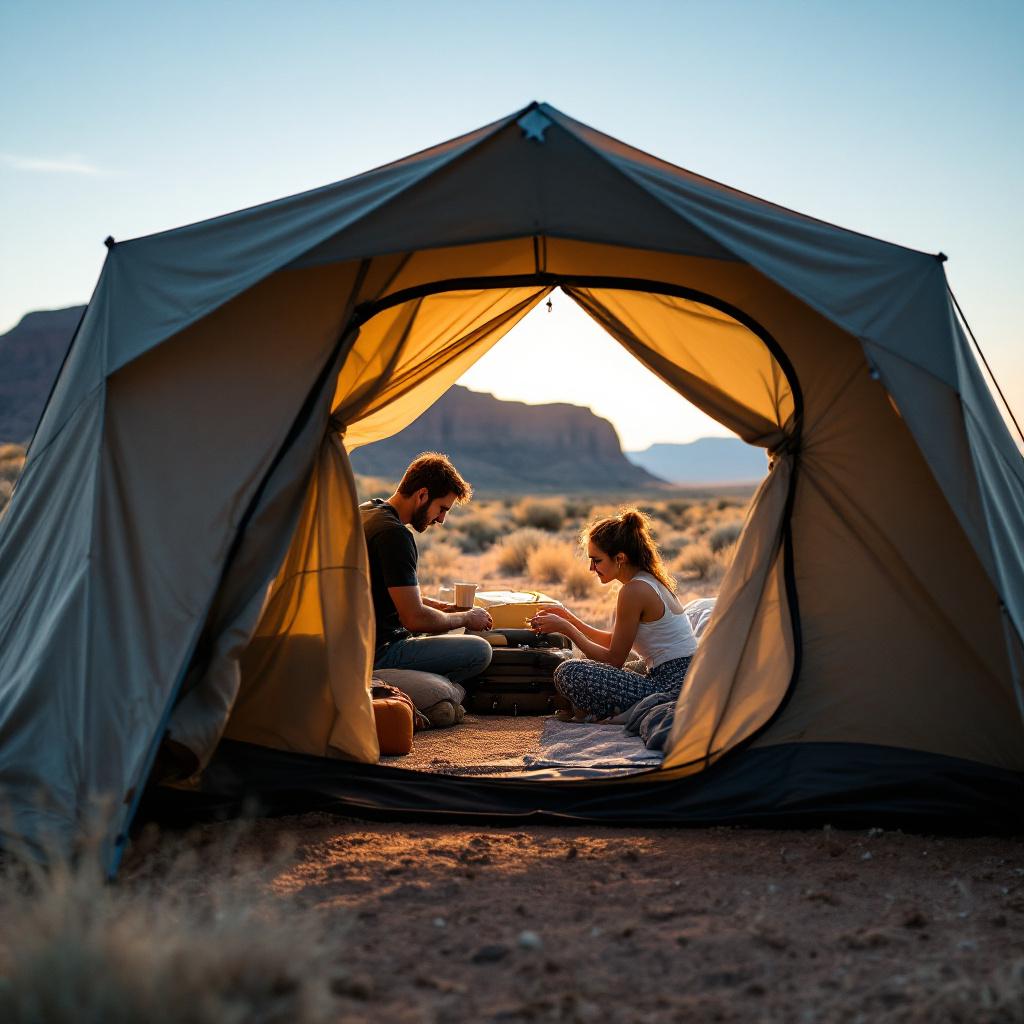A couple is sitting inside a tent, enjoying a meal together at sunset.