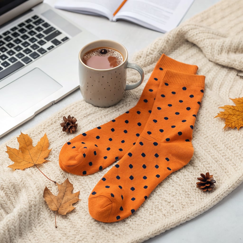 A cozy arrangement featuring orange polka dot socks, a cup of coffee, and autumn leaves on a knitted blanket.