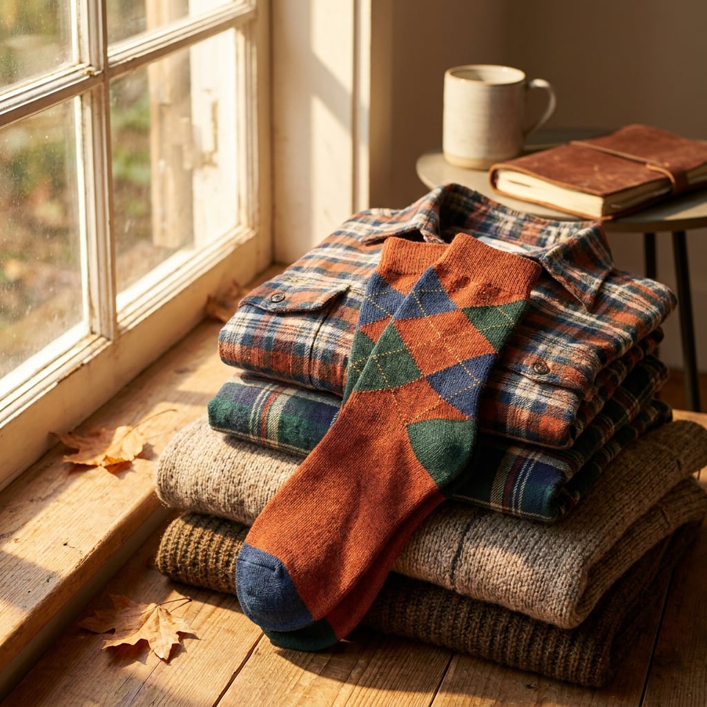 A stack of folded clothing items including flannel shirts and sweaters, with a single sock on top, next to a window.