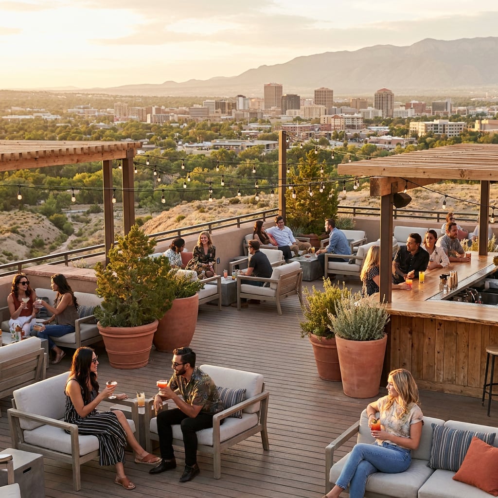 A rooftop bar with people enjoying drinks while overlooking a city skyline at sunset.