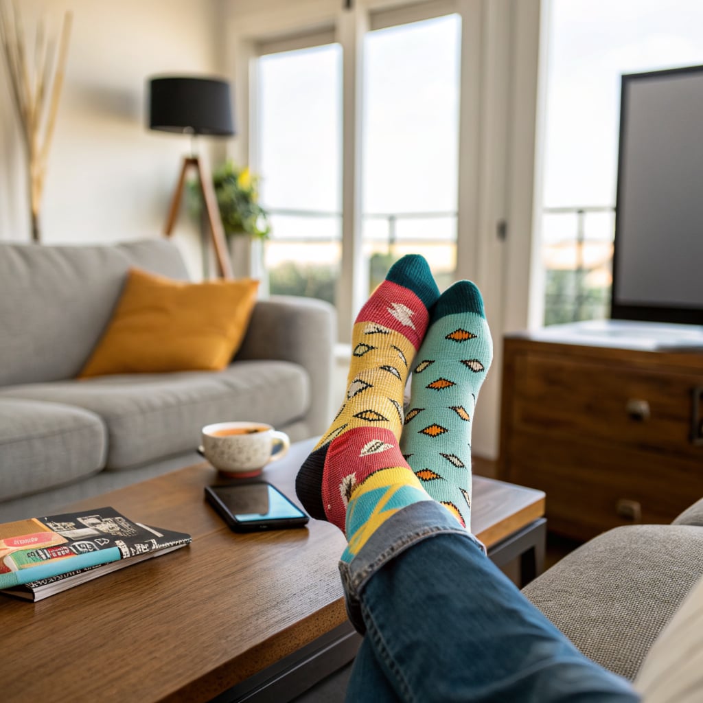 A person wearing colorful socks is relaxing on a couch with a coffee table in front.