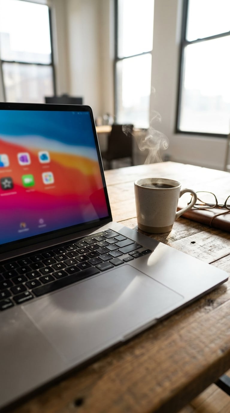 A laptop is placed on a wooden table next to a steaming cup of coffee.