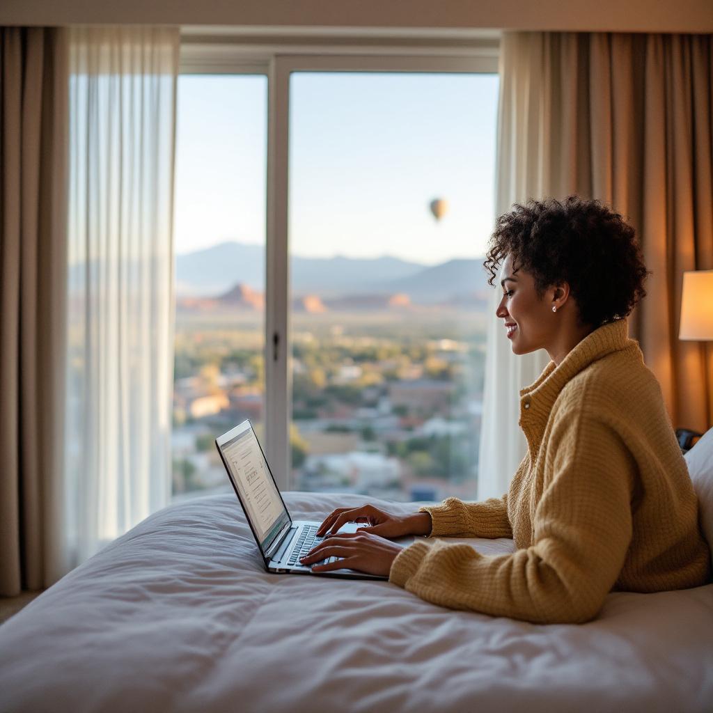 A woman with curly hair is sitting on a bed working on a laptop with a scenic view of mountains and a hot air balloon in the background.