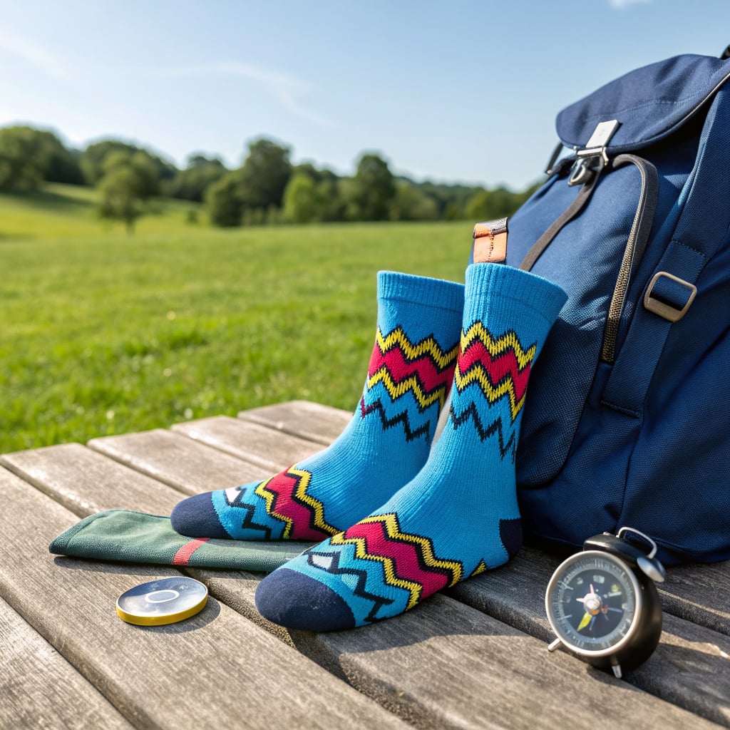 A pair of colorful socks is placed next to a backpack and a clock on a wooden surface in a grassy field.