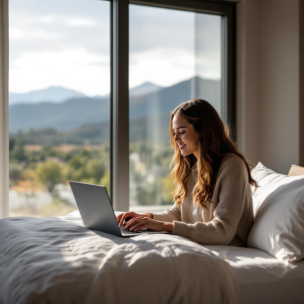 A woman is sitting on a bed using a laptop with mountains visible through the window.