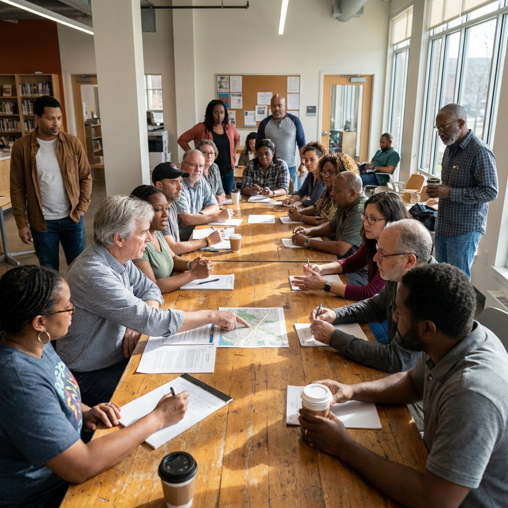 A diverse group of people engaged in a discussion around a table with documents and coffee cups.