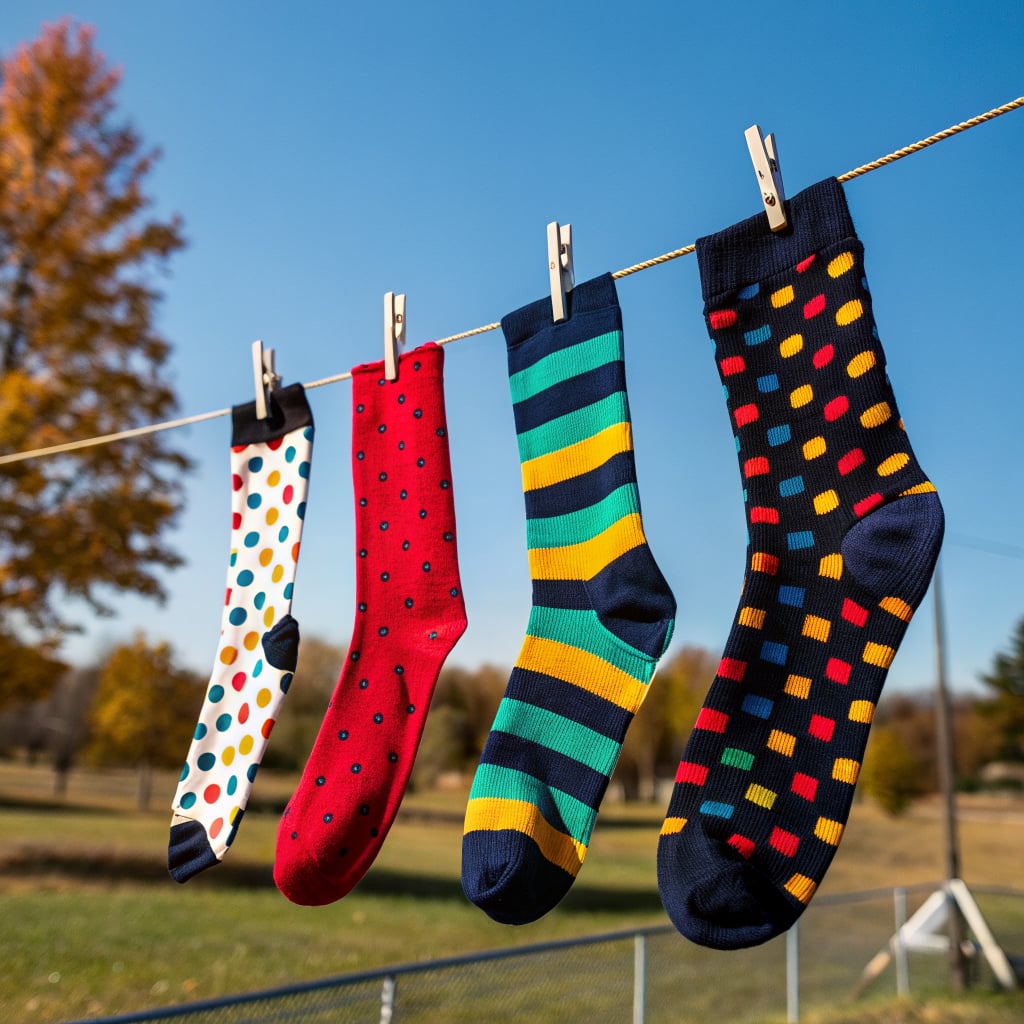 Four colorful socks with different patterns are hanging on a clothesline outdoors.