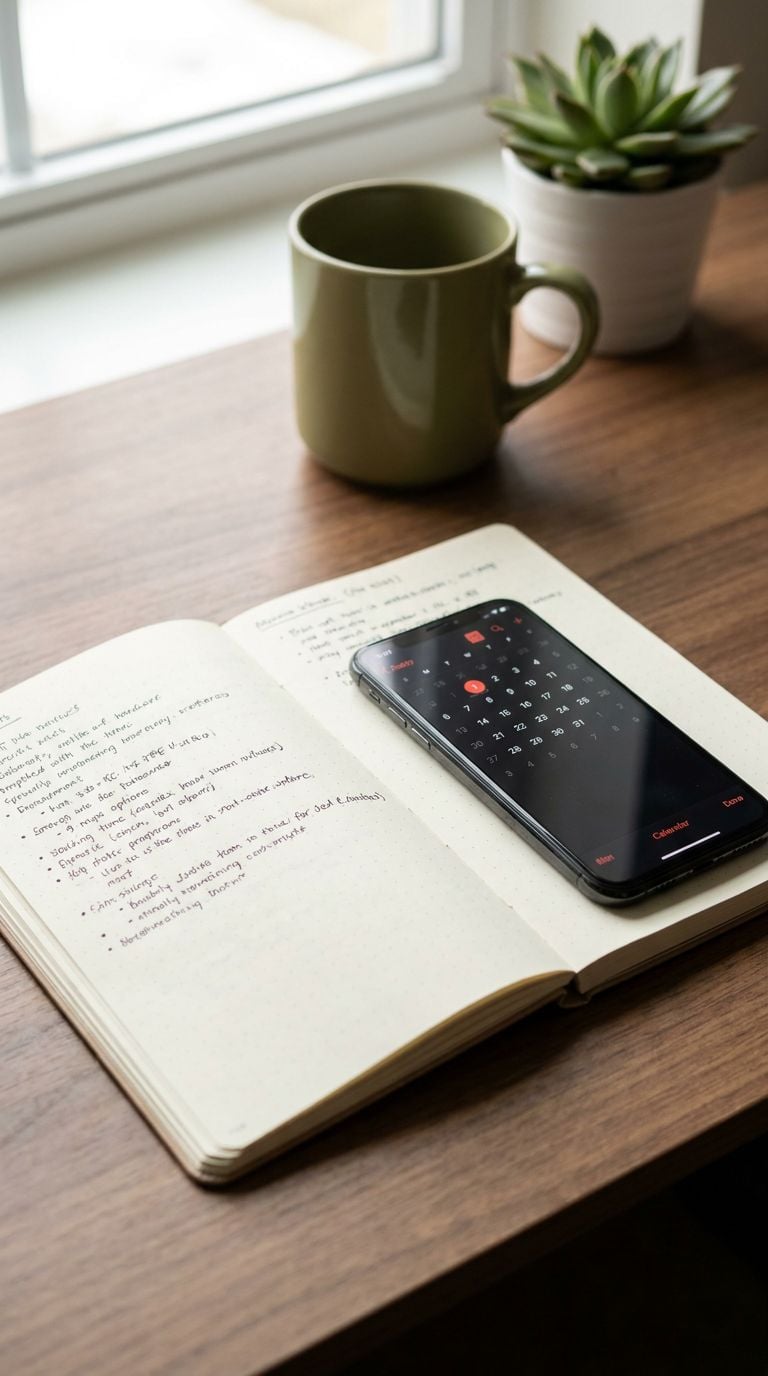 A notebook with handwritten notes, a smartphone displaying a calendar, and a green mug on a wooden table.