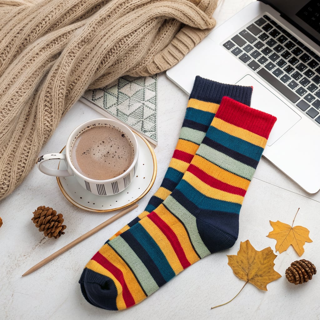 A cozy flat lay featuring colorful striped socks, a cup of hot chocolate, and autumn leaves next to a laptop.