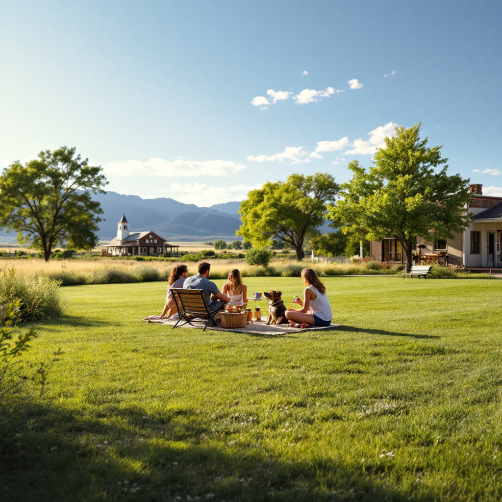 A group of people enjoying a picnic on a grassy lawn with mountains in the background.