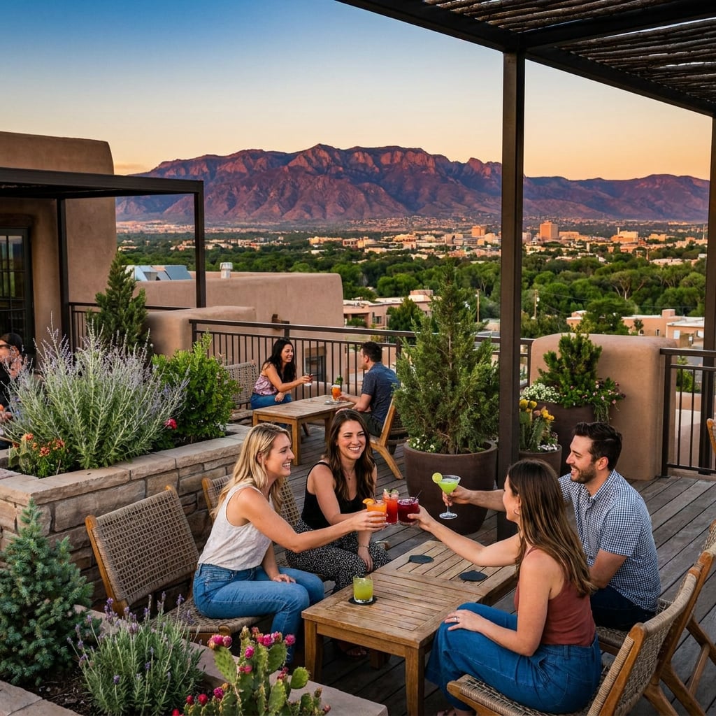 A group of people enjoying drinks on a rooftop with a mountain backdrop during sunset.