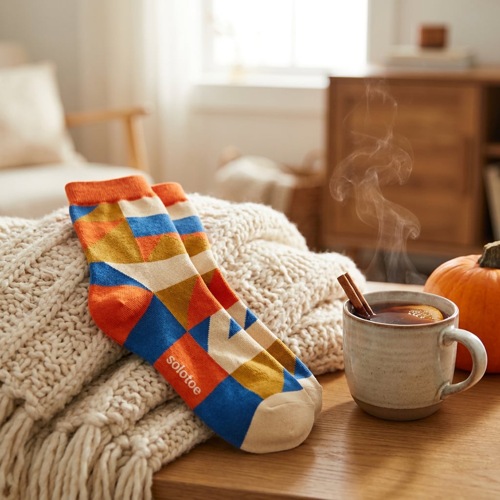 A cozy scene featuring colorful socks next to a steaming mug of tea and a pumpkin.