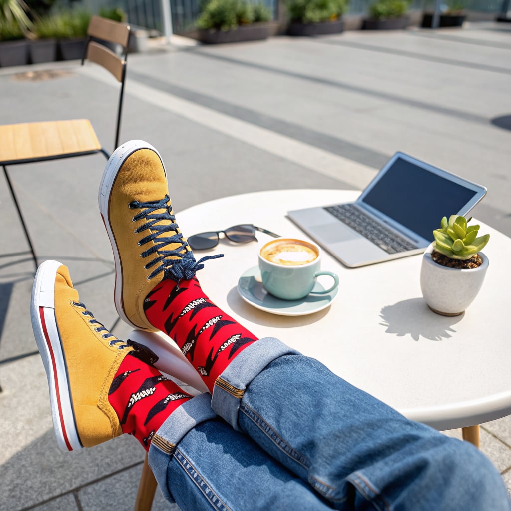 A person is sitting at a table with their feet up, wearing yellow sneakers and red socks, with a laptop and a cup of coffee on the table.