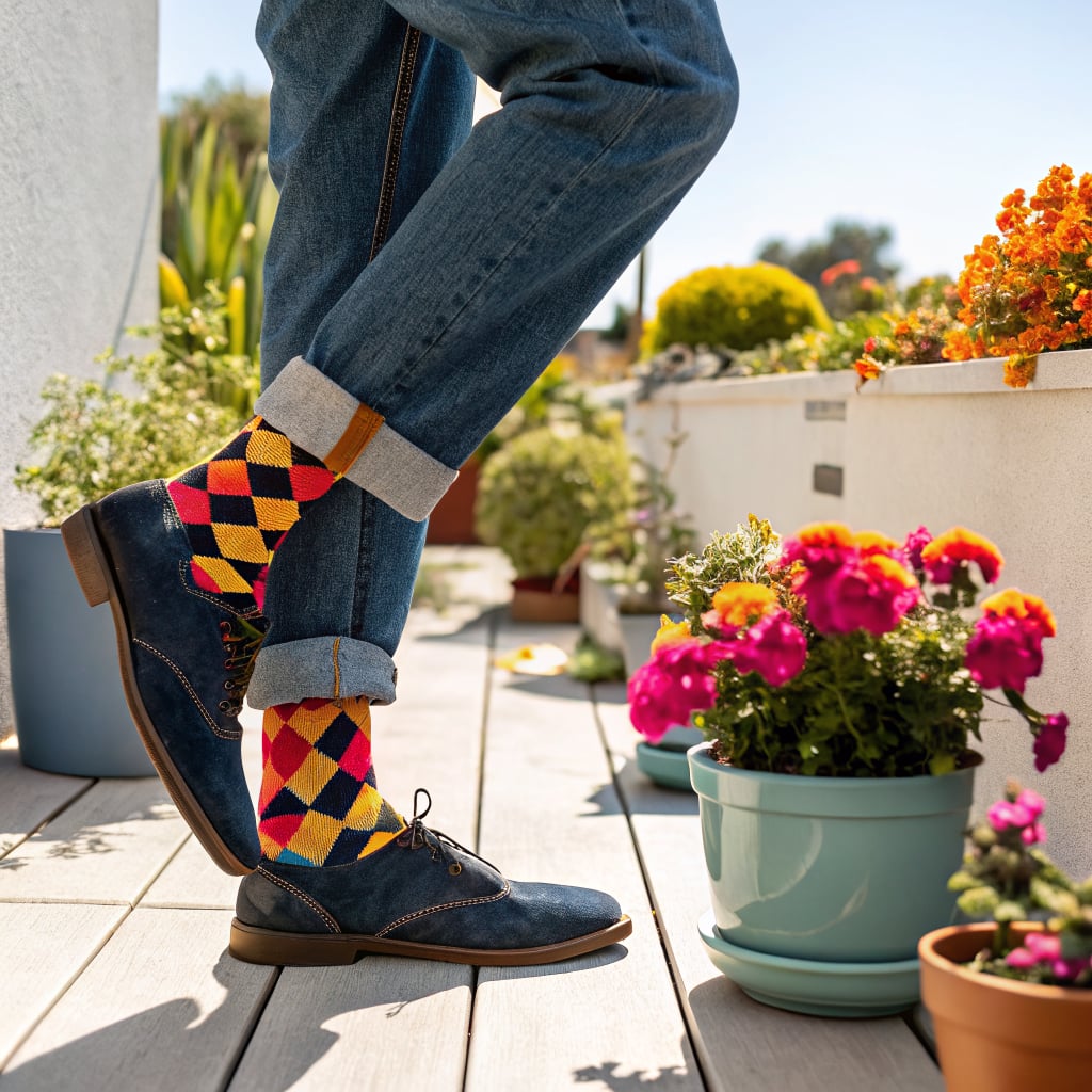 A person wearing colorful argyle socks and blue shoes stands on a wooden deck surrounded by potted flowers.