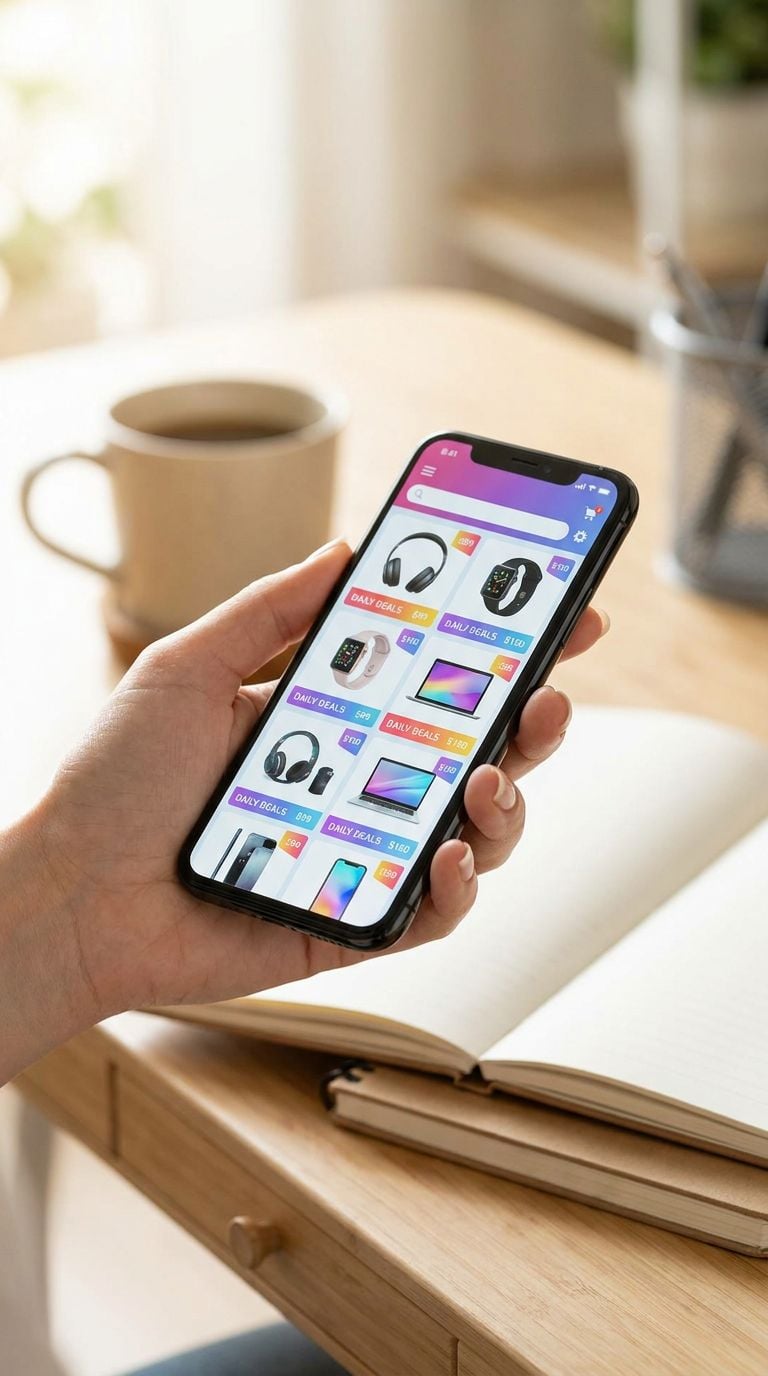 A person holding a smartphone displaying a shopping app with various electronic products.