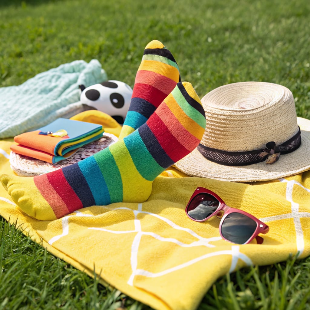 A pair of colorful striped socks is placed on a yellow blanket alongside a straw hat, sunglasses, and a few small items.