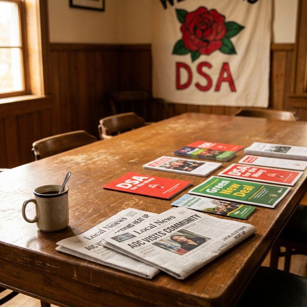 A wooden table with newspapers and pamphlets related to a community organization.