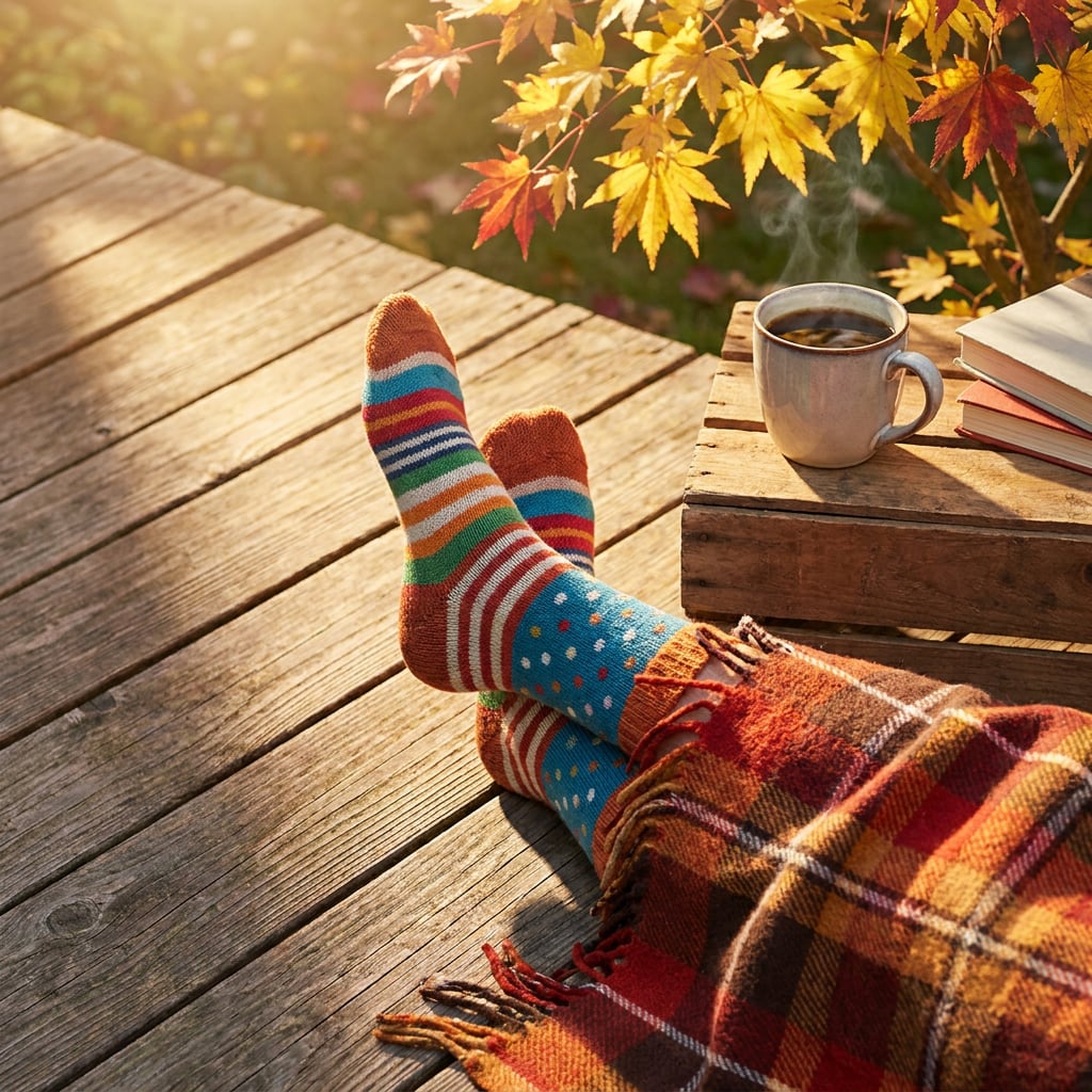 A cozy scene featuring a person’s feet in colorful socks resting on a wooden deck with a mug of steaming beverage and autumn leaves.