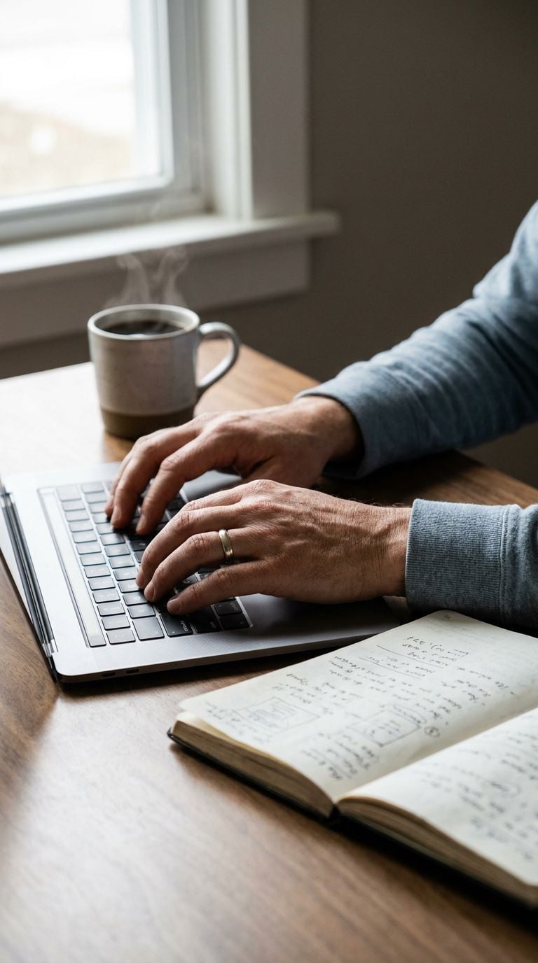 A person typing on a laptop with a notebook and a steaming cup of coffee on a wooden table.