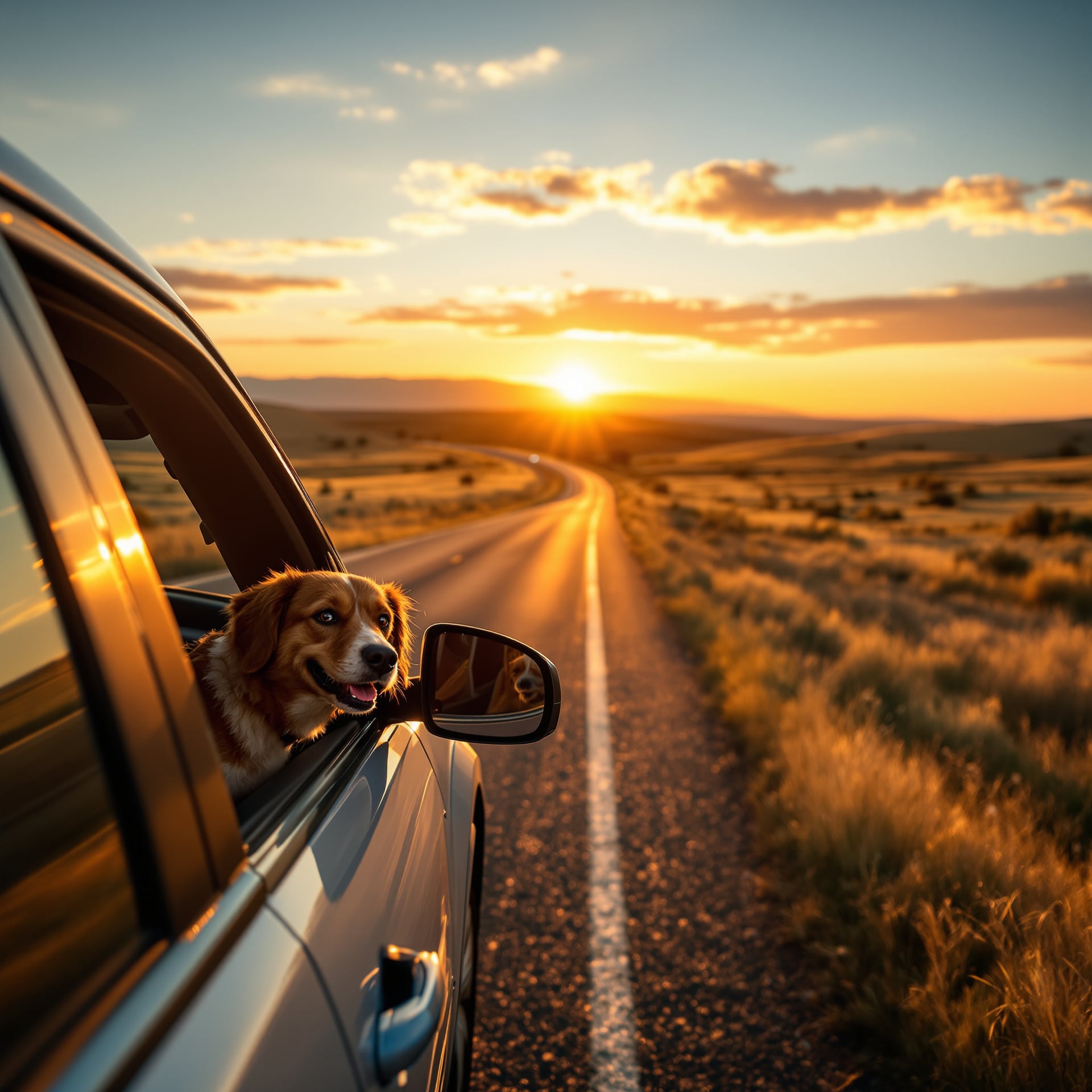 A dog is sticking its head out of a car window while driving on a road during sunset.