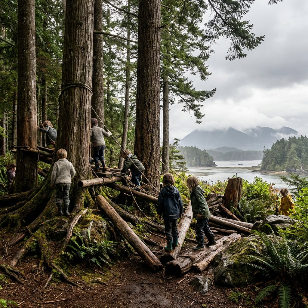 Children play and explore in a forested area near a body of water.