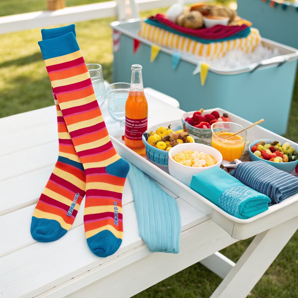 A colorful arrangement of striped socks alongside various snacks and drinks on a picnic table.