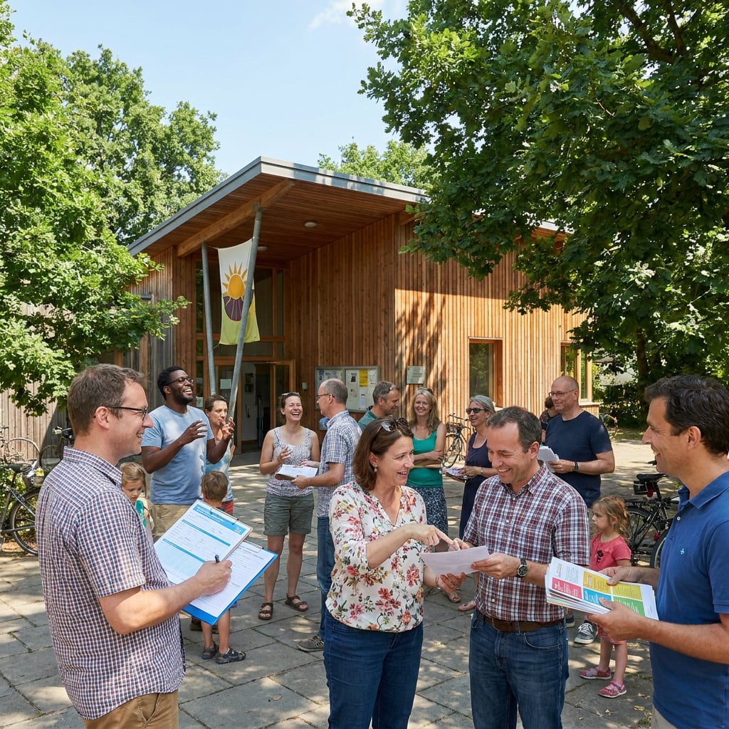 A group of people gathered outside a wooden building, engaging in conversation and holding papers.
