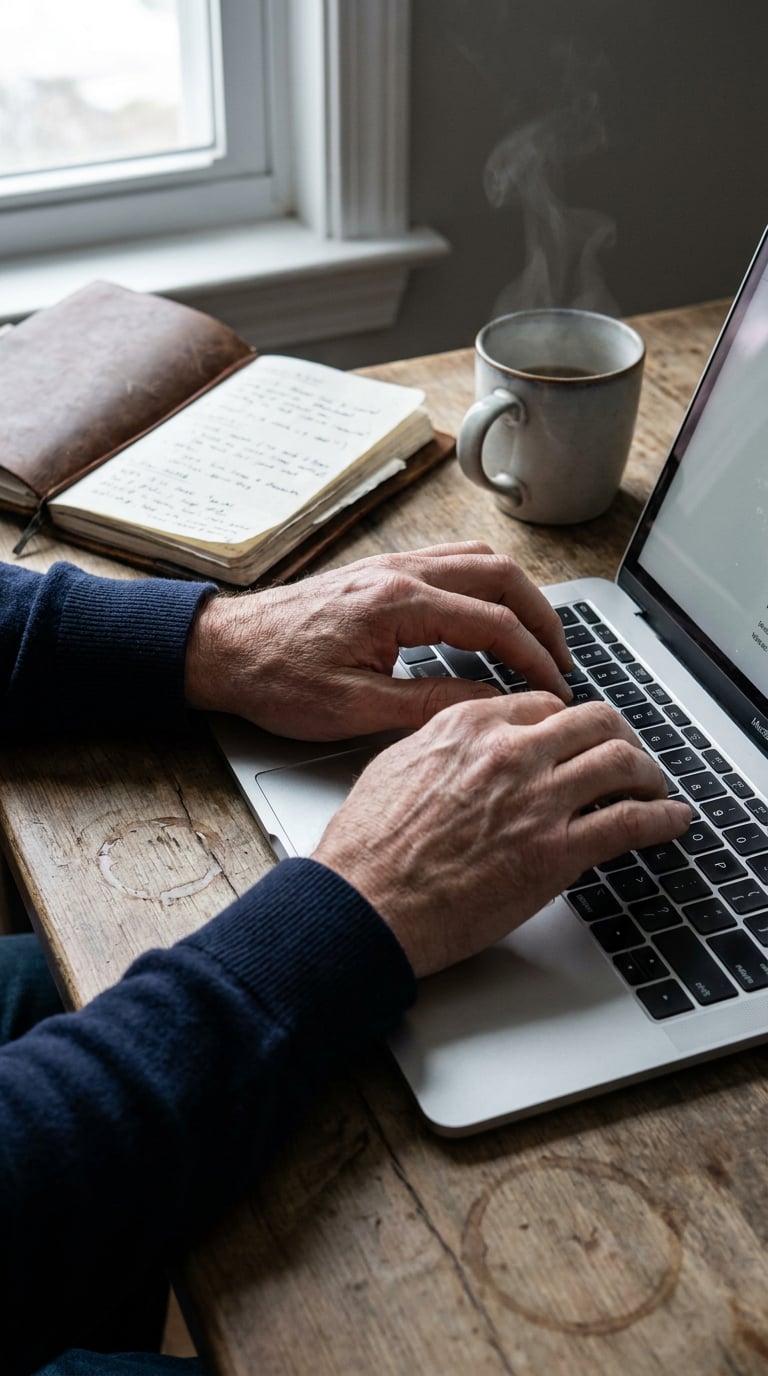 A person typing on a laptop with a notebook and a steaming cup of coffee nearby.