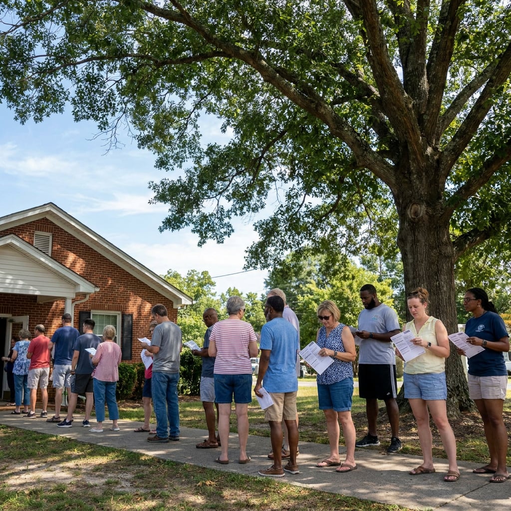 A group of people standing in line outside a brick building under a large tree.