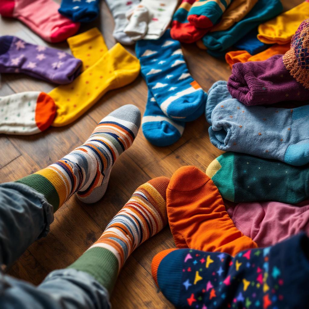 A collection of colorful socks scattered on a wooden floor with a person's feet in striped socks.
