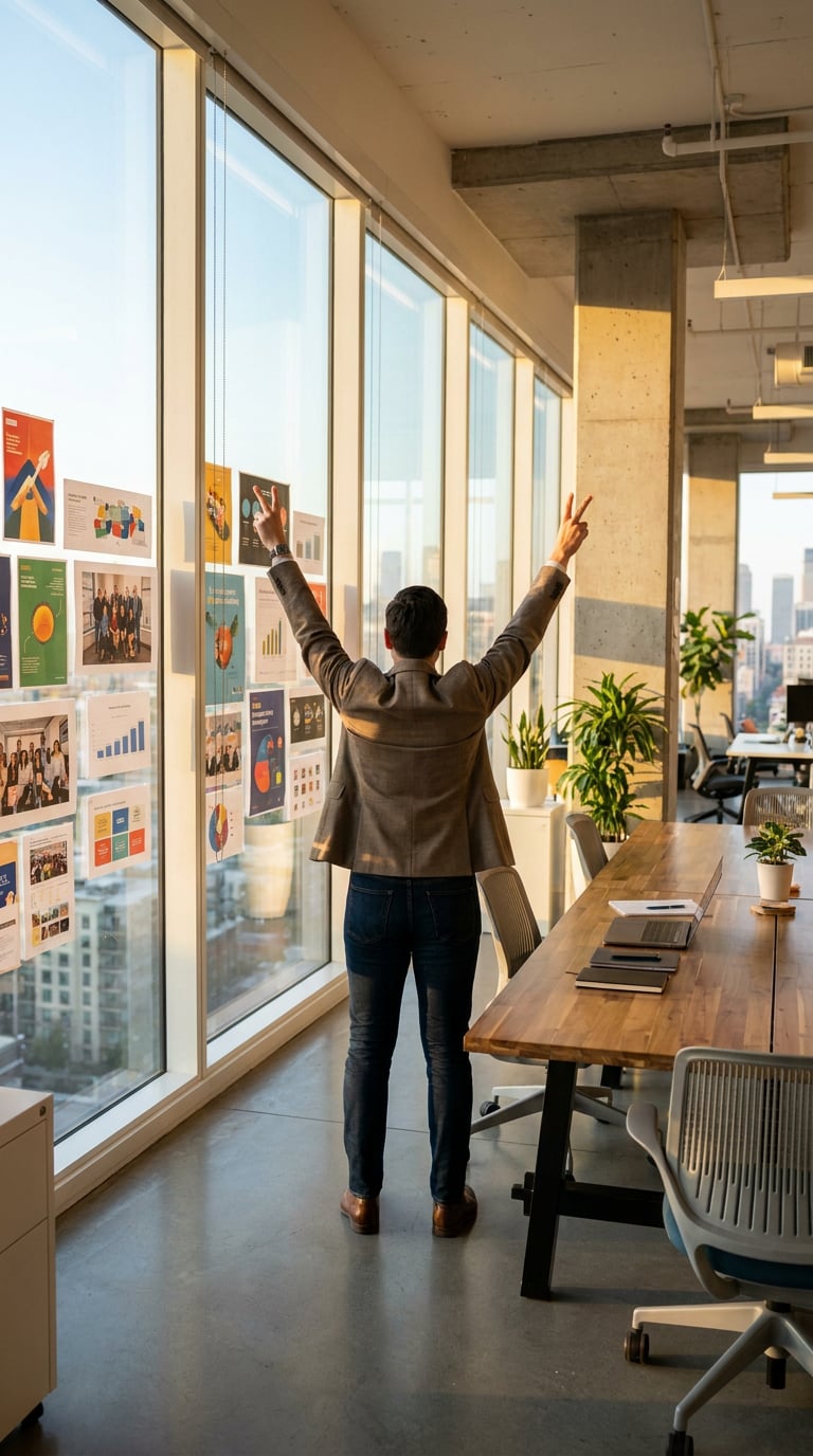 A person stands with arms raised in an office space with large windows and presentation boards.
