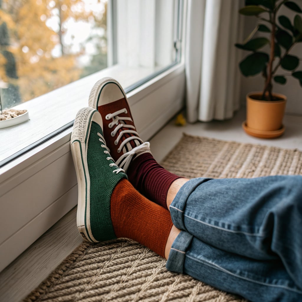 A person is sitting on a rug with colorful shoes and mismatched socks near a window.