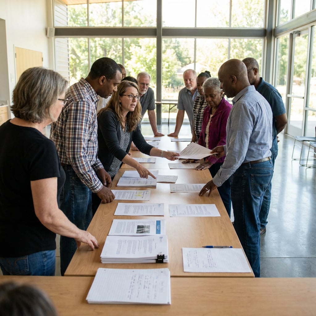 A group of people gathered around a table discussing documents.