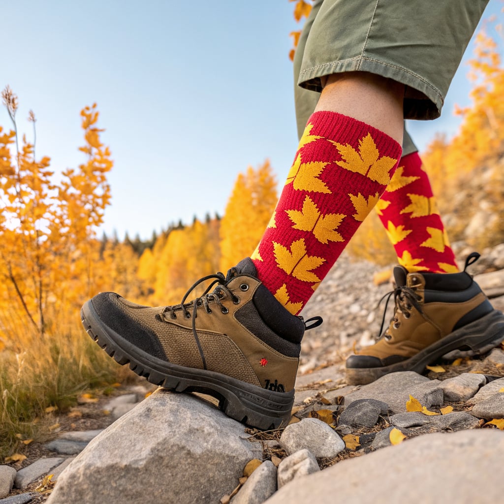 A person wearing hiking boots and colorful socks walks along a rocky path surrounded by autumn foliage.