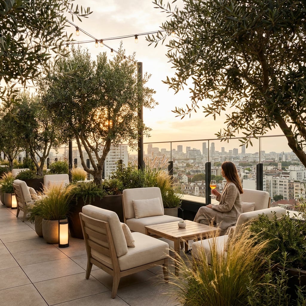 A woman sits on a rooftop terrace surrounded by plants and city views at sunset.