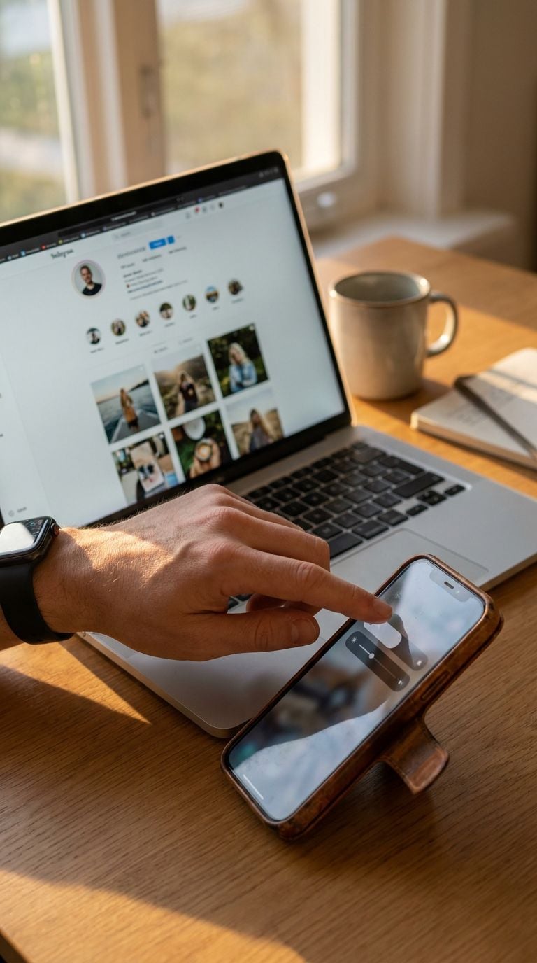 A person using a smartphone while sitting at a desk with a laptop and a coffee mug.