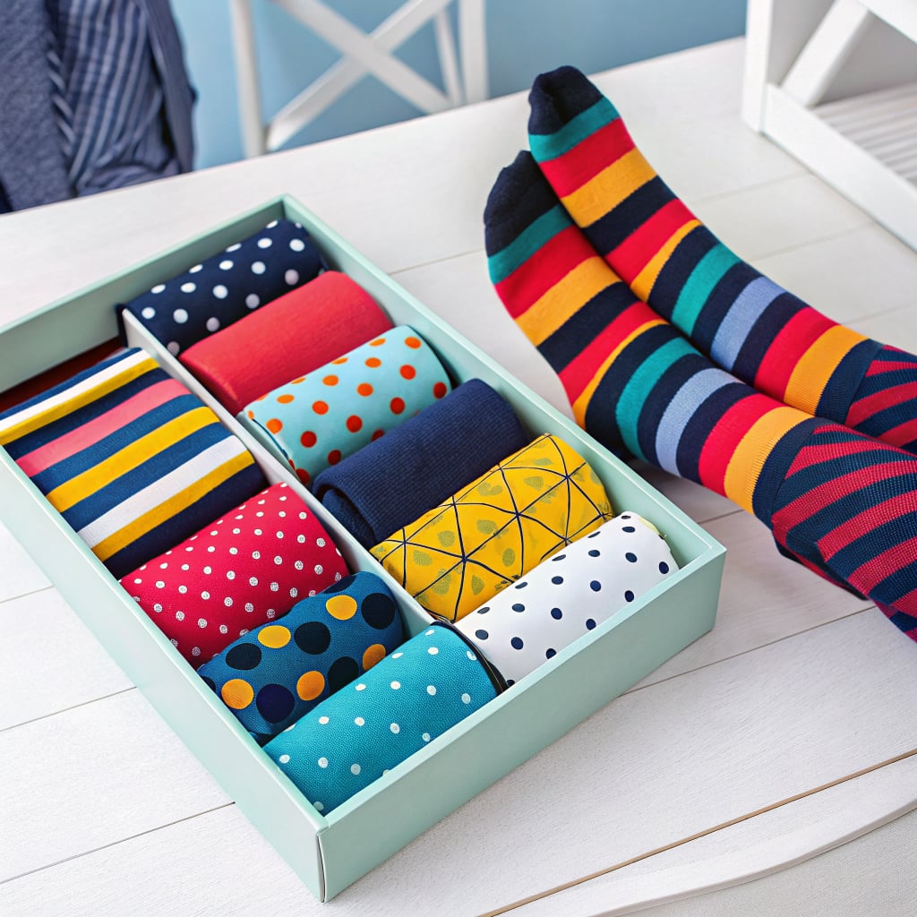A collection of colorful socks displayed in a box next to a pair of striped socks worn by a person.