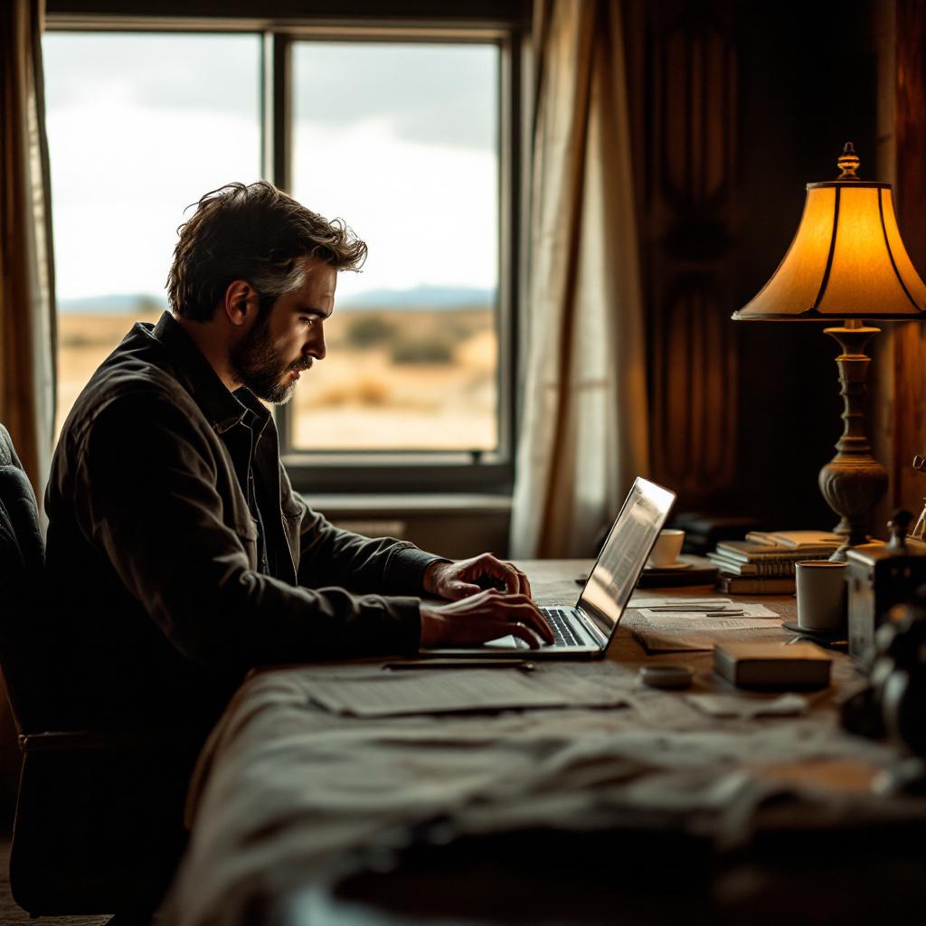 A man is working on a laptop at a desk in a cozy room with a window view.
