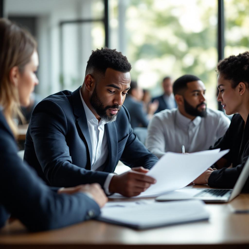 A group of professionals engaged in a meeting at a modern office.