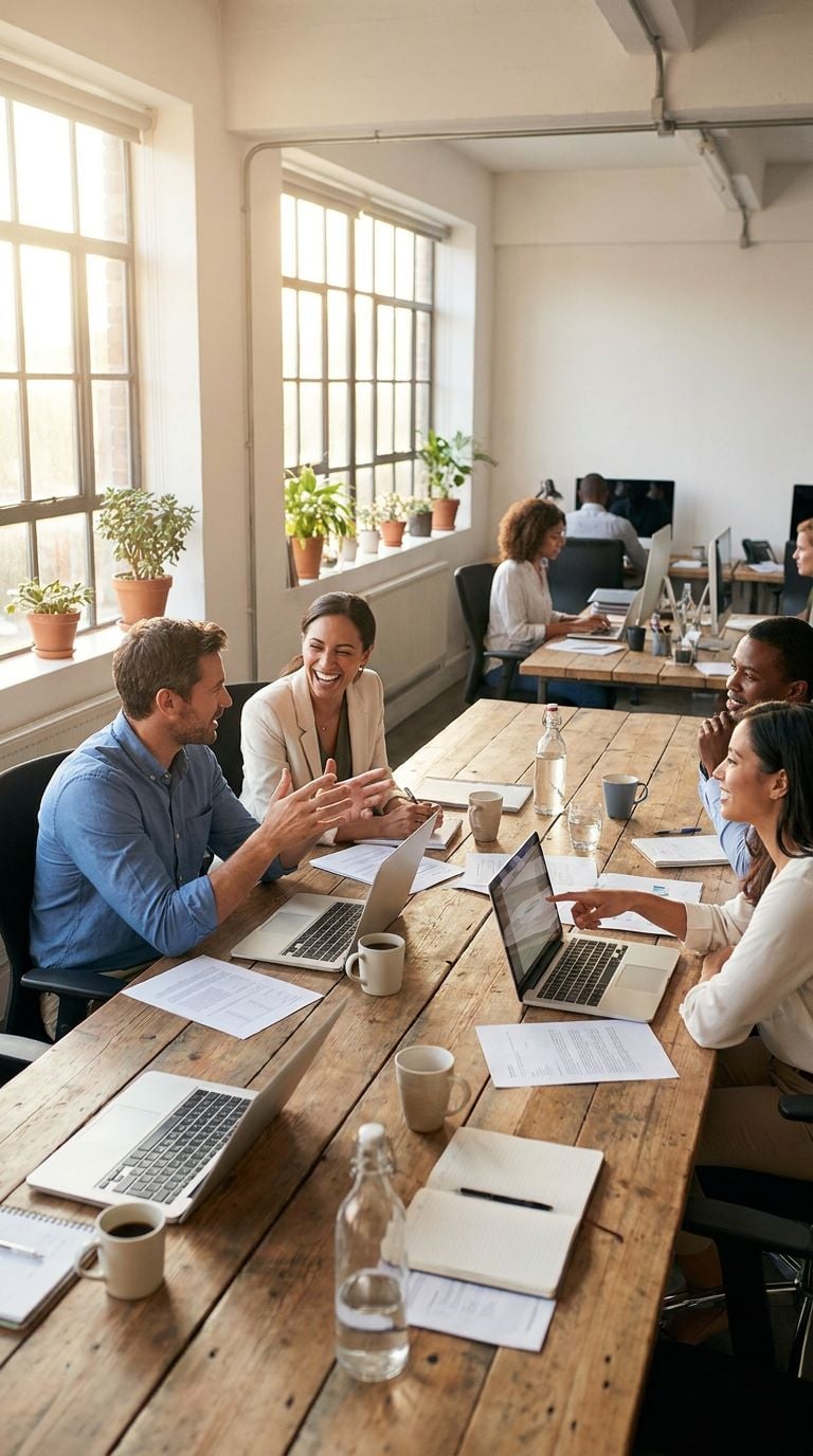 A group of professionals engaged in a discussion in a modern office space.