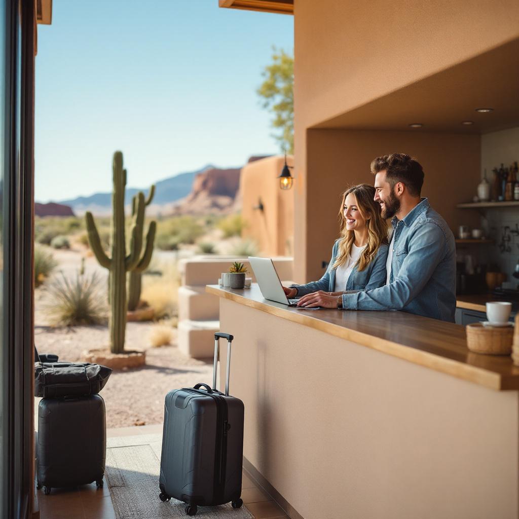 A couple is working on a laptop at a counter in a desert setting with cacti in the background.