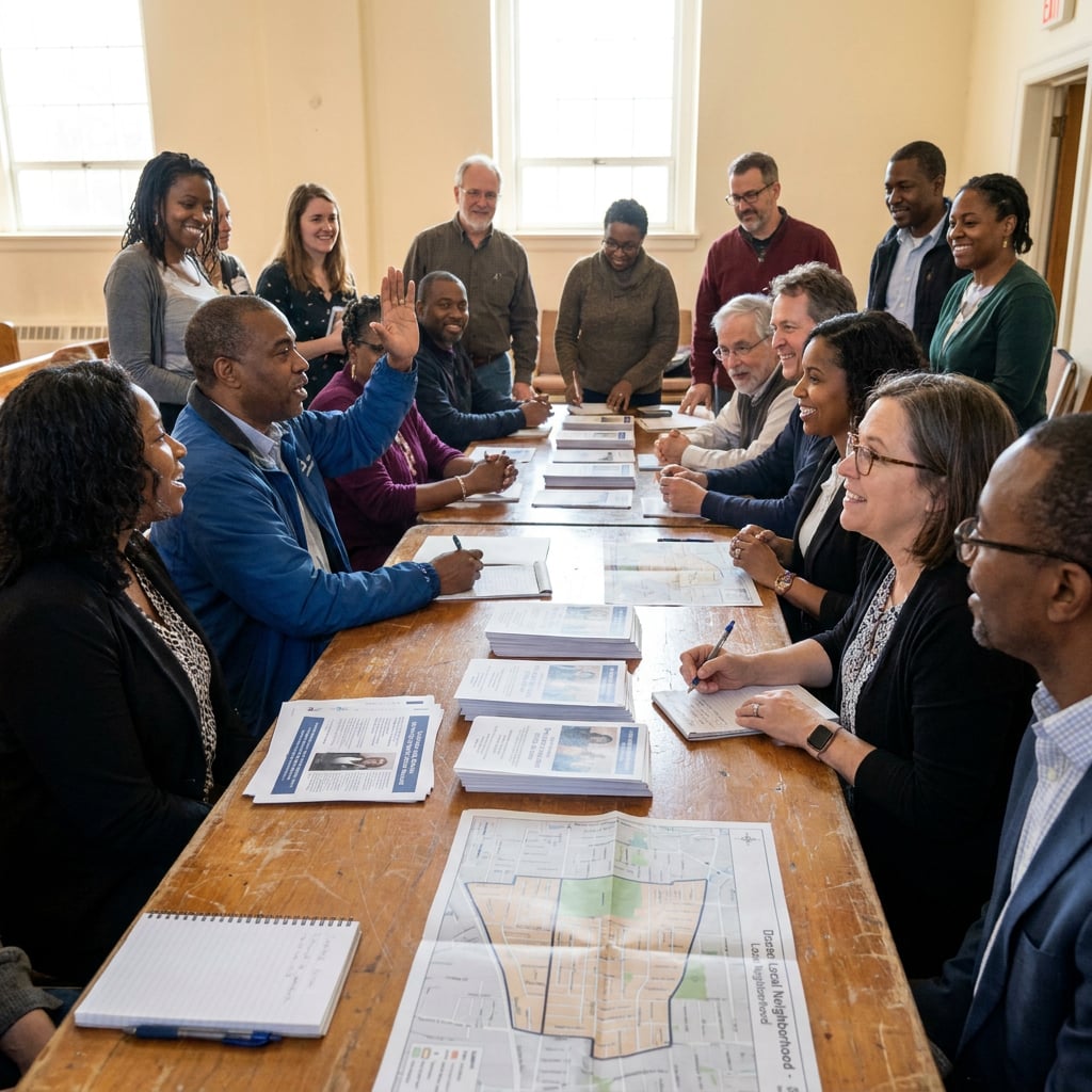 A diverse group of people engaged in a meeting around a long table.
