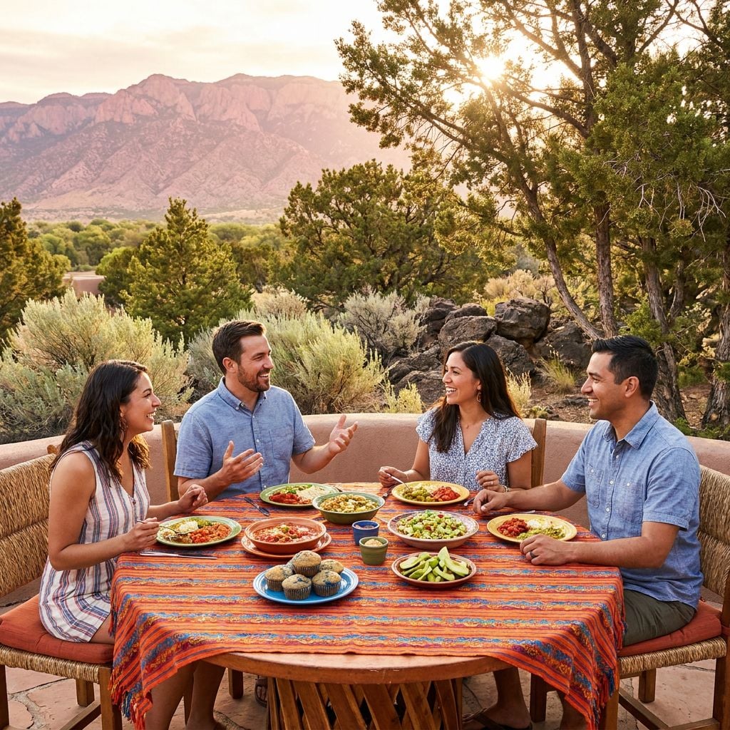 Four people are enjoying a meal outdoors with mountains in the background.