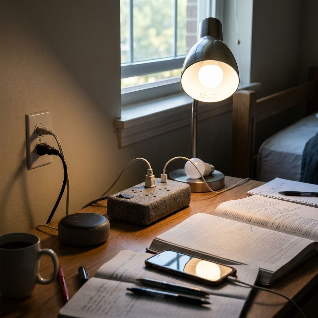 A study desk with a lamp, books, a smartphone, and a coffee mug.