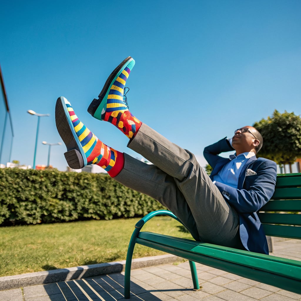 A man in a suit sits on a bench with his legs crossed, showcasing colorful socks and shoes against a clear blue sky.