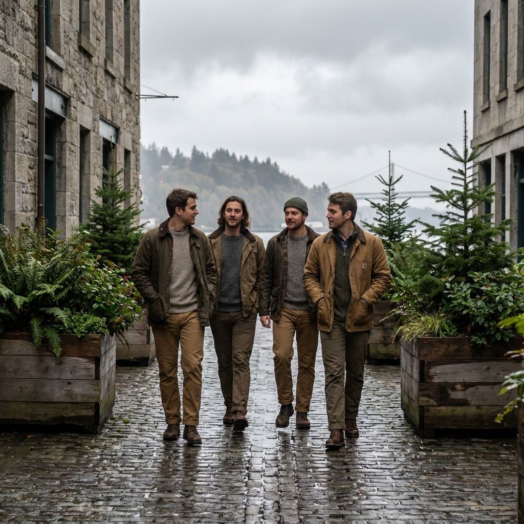 Four men walking together in a cobblestone alley lined with greenery.