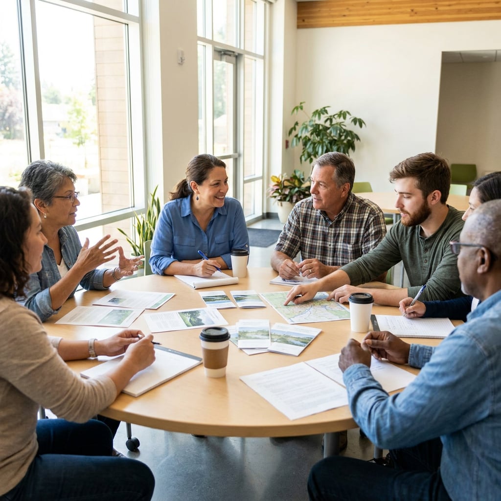 A diverse group of people engaged in a collaborative meeting around a table.