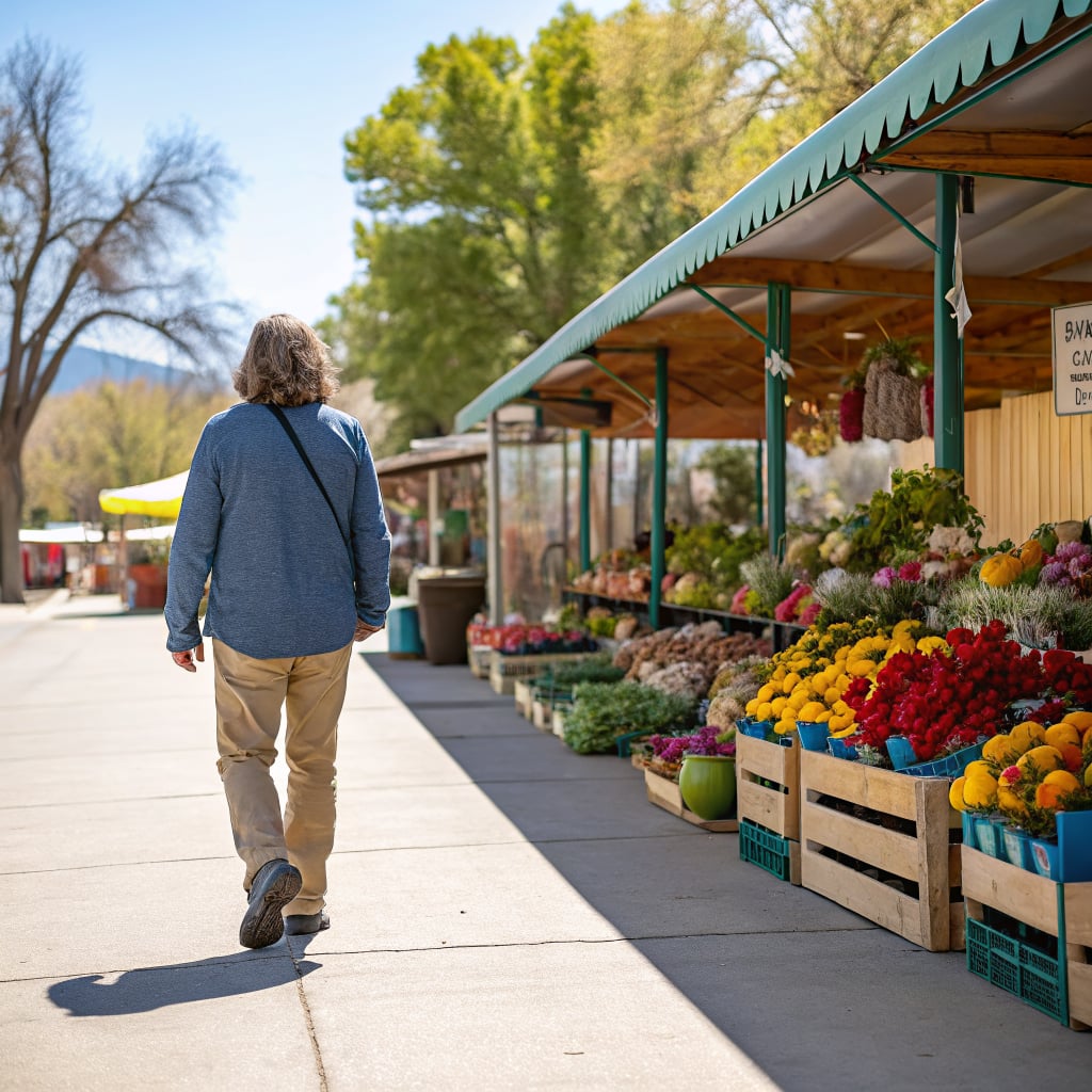 A person walks past a flower market with colorful displays.
