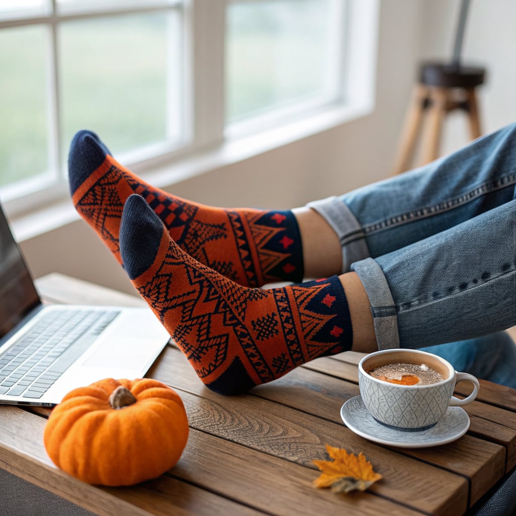 A person is relaxing with their feet up on a table, wearing patterned socks, next to a cup of coffee and a small pumpkin.